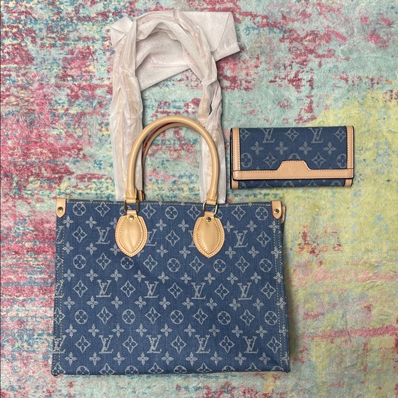 None Handbags - Blue Monogram Denim Tote Bag with Wallet